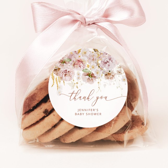 Adesivo Redondo Obrigado de chá de fraldas floral do Boho (Criador carregado)