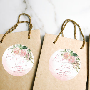 Adesivo Redondo Obrigado de chá de fraldas para rosas rosa embebid