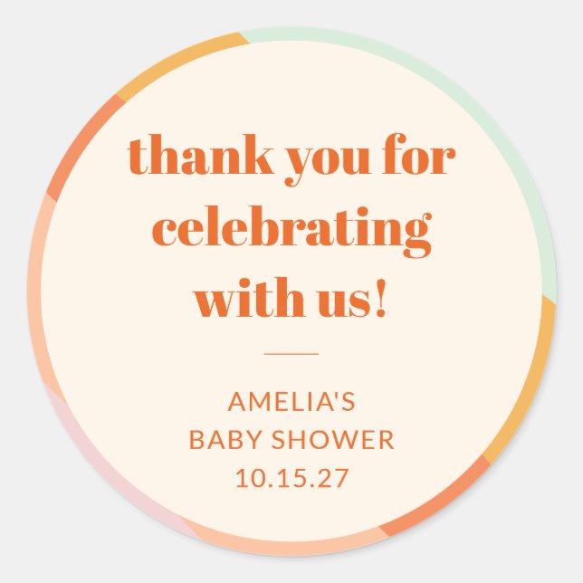 Adesivo Redondo Obrigado de Chá de fraldas Personalizado com Faixa (Frente)