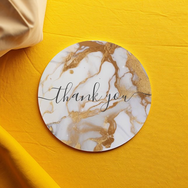 Adesivo Redondo Obrigado de cliente branco e dourado (White and gold marble thank you script sticker.)