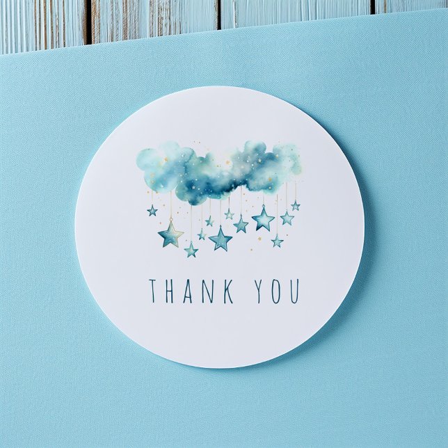 Adesivo Redondo Obrigado de estrelas azuis (Watercolor Blue Starry Sky fun thank you sticker for your baby shower.)
