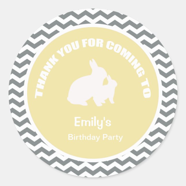 Adesivo Redondo Obrigado de festa de aniversário coelho amarelo (Frente)