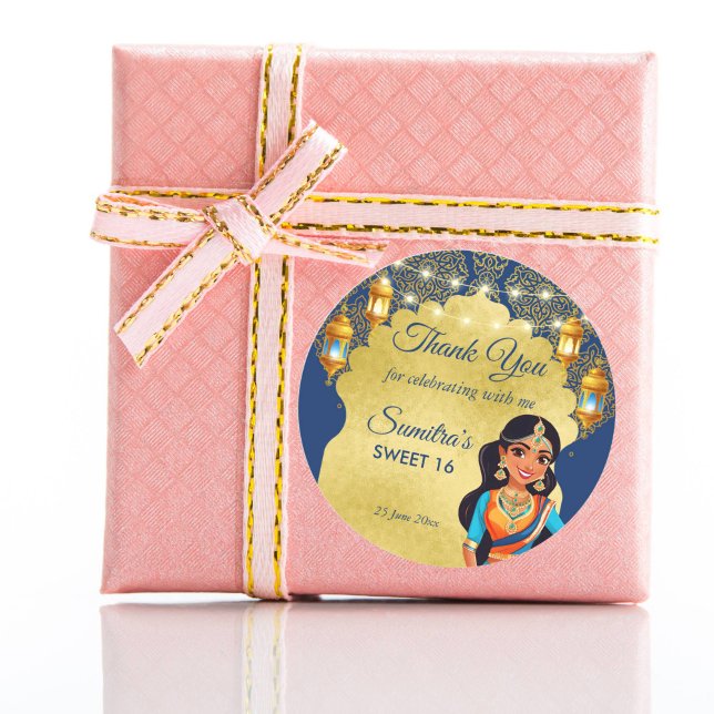 Adesivo Redondo Obrigado de festa de aniversario de meninas índia  (Indian style girls birthday party thank you favor stickers blue and gold Bollywood favor stickers)