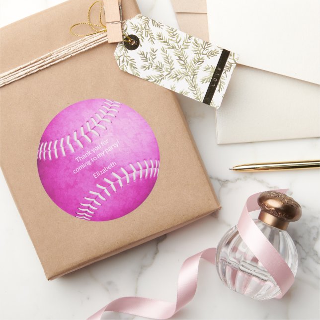 Adesivo Redondo obrigado de festa de softball rosa brilhante (Presentear)