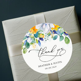 Adesivo Redondo Obrigado de monograma azul de casamento floral chi