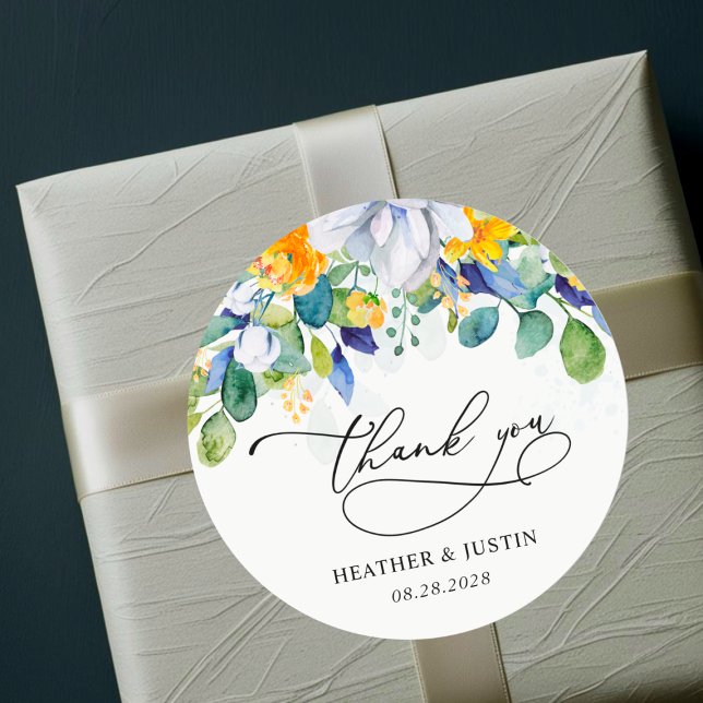 Adesivo Redondo Obrigado de monograma azul de casamento floral chi (Criador carregado)