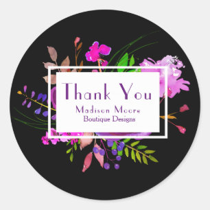 Adesivo Redondo Obrigado de Roxo Aguarela Buquê Floral Empresa