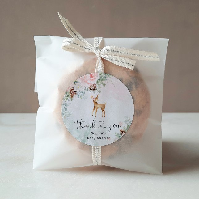 Adesivo Redondo Obrigado de veado de inverno rosa e brilhante (Criador carregado)