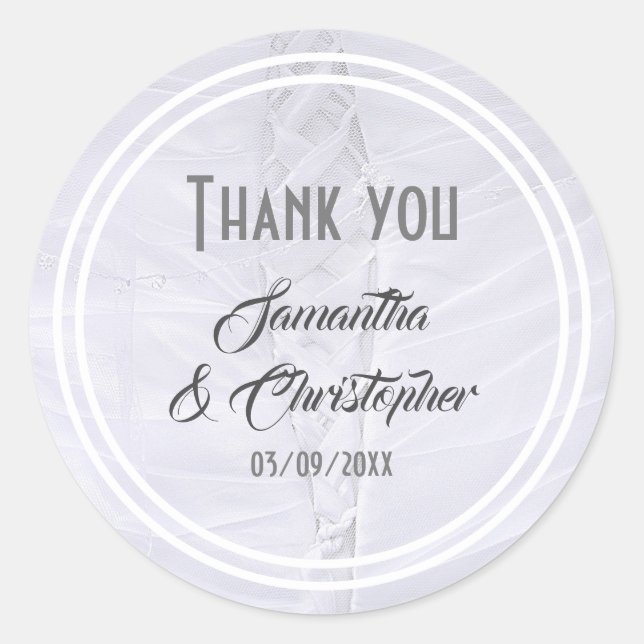 Adesivo Redondo Obrigado de vestido branco (Frente)