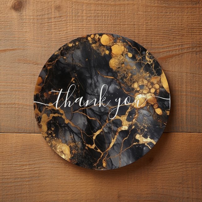 Adesivo Redondo Obrigado do cliente de mármore preto e ouro (Black and gold marble thank you sticker with handwritten style script.)