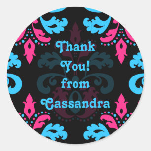 Adesivo Redondo Obrigado do damasco do preto de turquesa do rosa