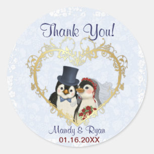 Adesivo Redondo Obrigado do selo do casamento do pinguim você
