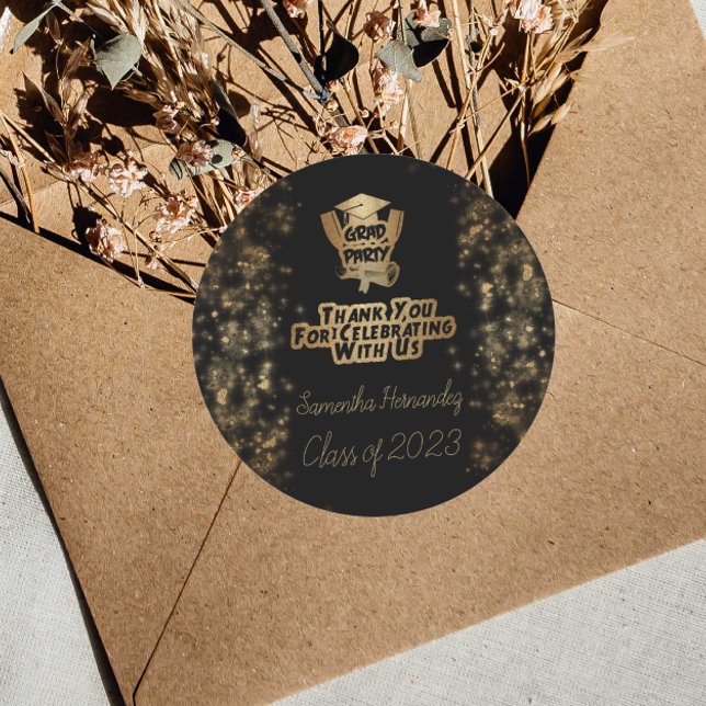 Adesivo Redondo Obrigado Dourada Glitter e Festa de formatura Negr (Criador carregado)