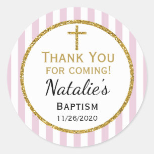 Adesivo Redondo Obrigado Dourado cor-de-rosa do baptismo das