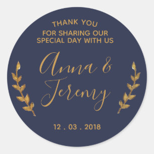 Adesivo Redondo Obrigado, Dourado e Marinho, Blue Feather Sticker