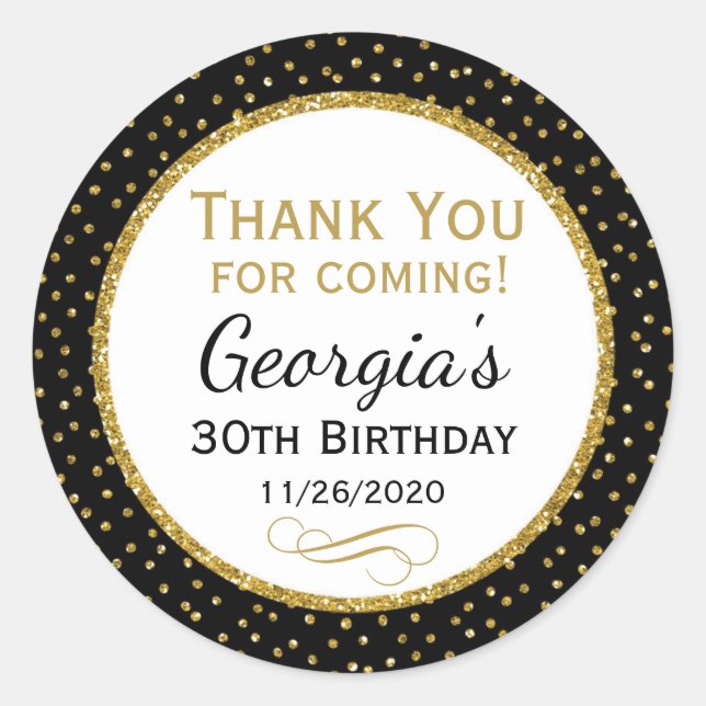 Adesivo Redondo Obrigado Dourado preto do aniversário você (Frente)