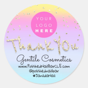 Adesivo Redondo Obrigado Dourado Sweet 16º Nome Logo  Ombre Azul