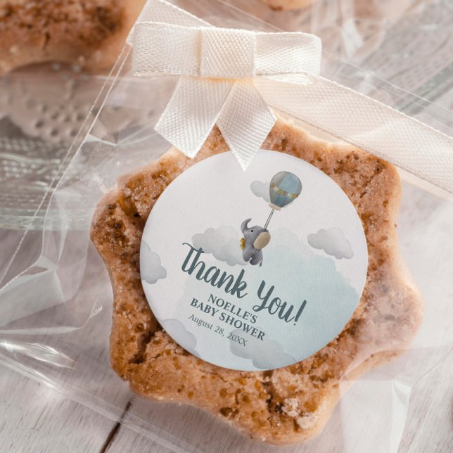 Adesivo Redondo Obrigado! Elefante-bebê-cinza no balão de ar quent (Criador carregado)