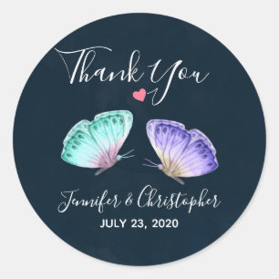 Adesivo Redondo Obrigado elegante do casamento do duo da borboleta