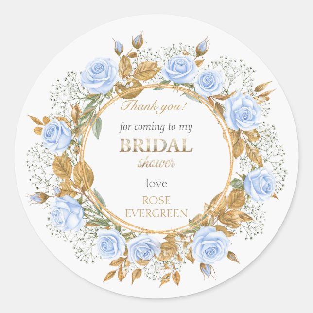 Adesivo Redondo Obrigado Elegantes Rosas Azul Poeirentas do Bebê (Frente)