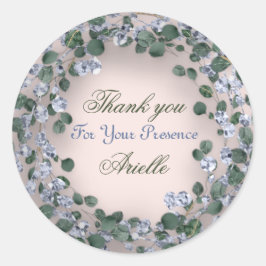 Adesivo Redondo Obrigado Eucalipto Aniversário Azul Verde Pó