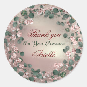 Adesivo Redondo Obrigado Eucalipto Aniversário Noiva Folhagem Rosa
