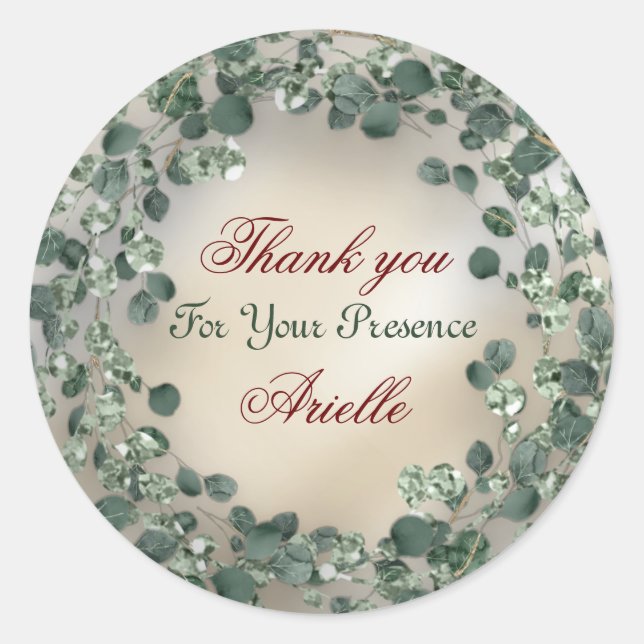Adesivo Redondo Obrigado Eucalyptus Birthday Bride Greenery Ivory (Frente)