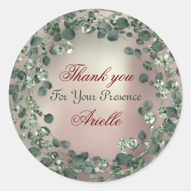 Adesivo Redondo Obrigado Eucalyptus Birthday Bride Greenery Pearl (Frente)
