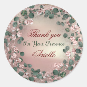 Adesivo Redondo Obrigado Eucalyptus Birthday Bride Greenery Rosa