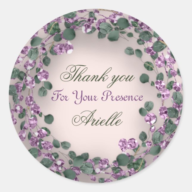 Adesivo Redondo Obrigado Eucalyptus Birthday Roxo GREEN Powder (Frente)