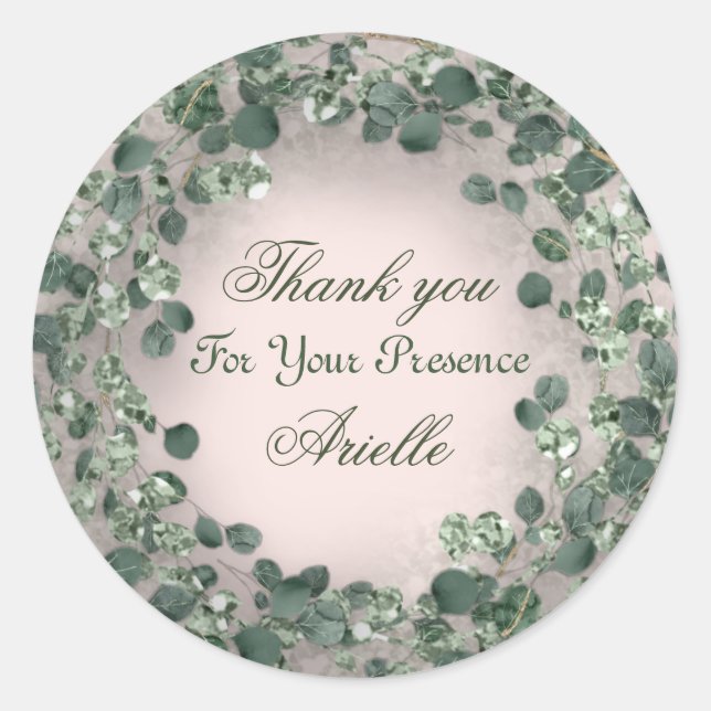 Adesivo Redondo Obrigado Eucalyptus Birthday Rustic GREEN Powder (Frente)