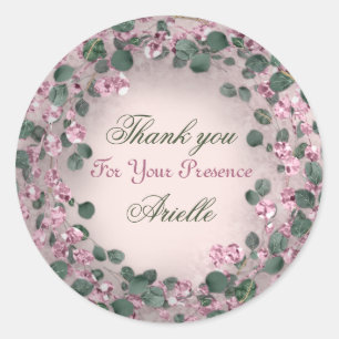 Adesivo Redondo Obrigado Eucalyptus Birthday Rustic Mint Pink