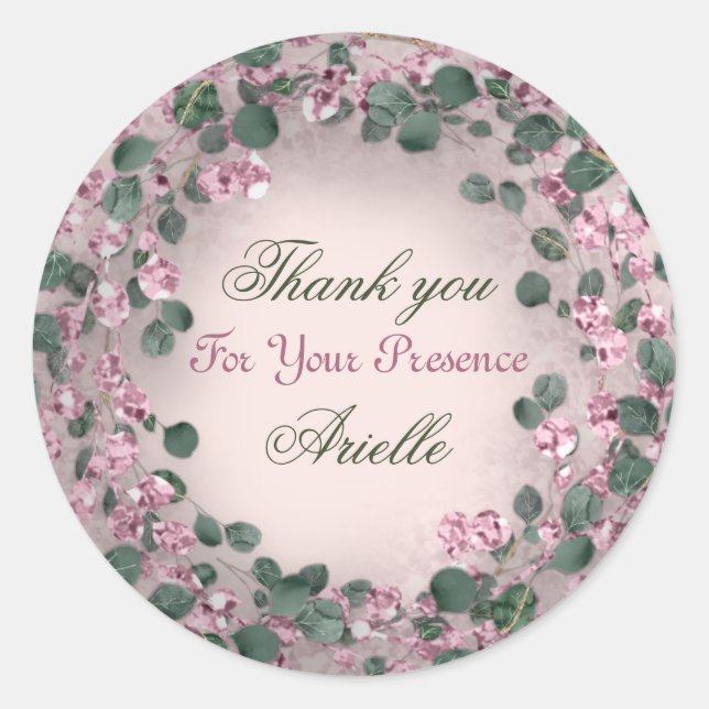 Adesivo Redondo Obrigado Eucalyptus Birthday Rustic Mint Pink (Frente)