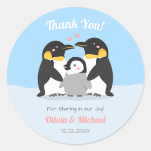Adesivo Redondo Obrigado Família de Pinguim Decoração para Chá de 