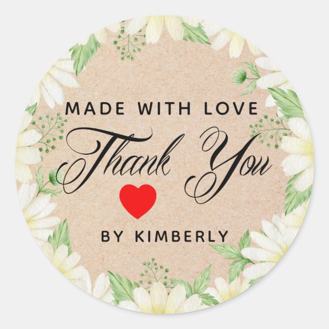 Adesivo Redondo Obrigado Feita com Amor Floral (Frente)