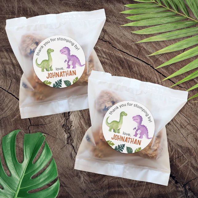 Adesivo Redondo Obrigado Festa de aniversário Bonita De Dinossauro (Thank You Cute Dinosaur Birthday Party Classic Round Sticker)