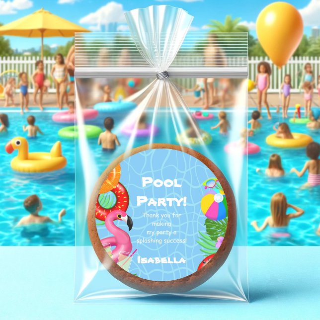 Adesivo Redondo Obrigado Festa Divertida De Piscina Nadando Aniver (Add a splash of fun to your favors with these vibrant stickers!)
