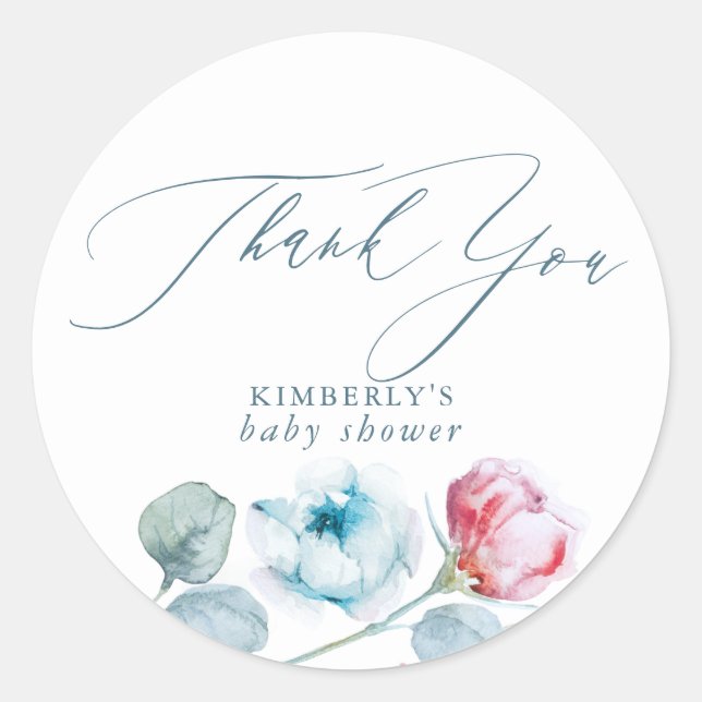 Adesivo Redondo Obrigado Festa Especial Azul Empoeirado e Rosa (Frente)