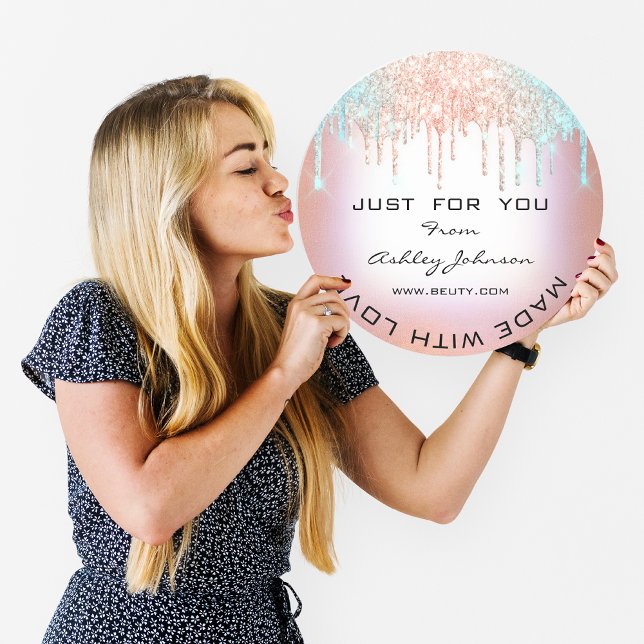 Adesivo Redondo Obrigado, Fez Com Amor, Pistas Personalizadas, Ros (Thank You Made With Love Custom Drips Blue Rose Classic Round Sticker)