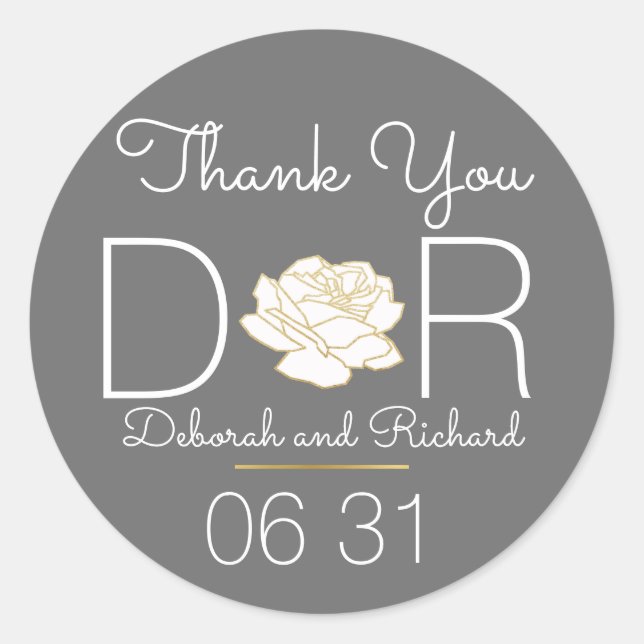 Adesivo Redondo obrigado, flor, cinza, favor de casamento. (Frente)