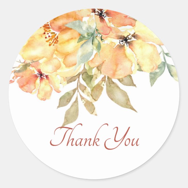 Adesivo Redondo Obrigado floral amarelo e laranja de cor d'água (Frente)
