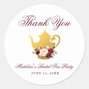 Adesivo Redondo Obrigado floral de Borgonha do tea party do chá d