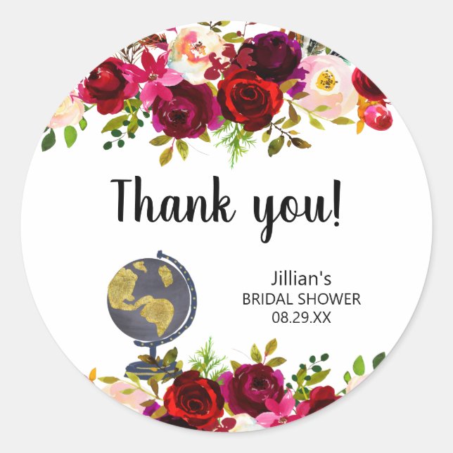 Adesivo Redondo Obrigado Floral de Viagem Burgundy (Frente)