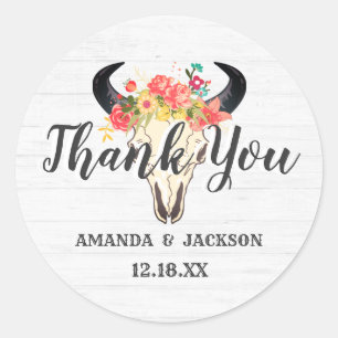 Adesivo Redondo Obrigado floral do casamento do crânio chique
