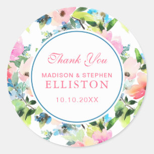 Adesivo Redondo Obrigado floral do teste padrão   da aguarela