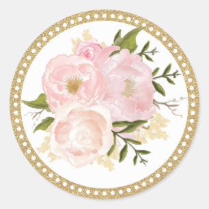 Adesivo Redondo Obrigado floral Dourado cor-de-rosa do casamento