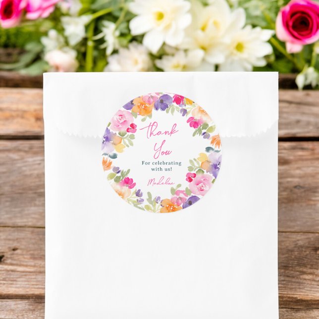 Adesivo Redondo Obrigado floral rosa boho seu chá de panela (Boho pink floral thank you bridal shower classic round sticker)