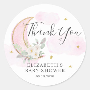Adesivo Redondo Obrigado Floral Rosa Sobre a Lua Baby Shower