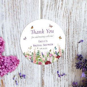 Adesivo Redondo Obrigado Flores Rosa Roxo & Borboletas