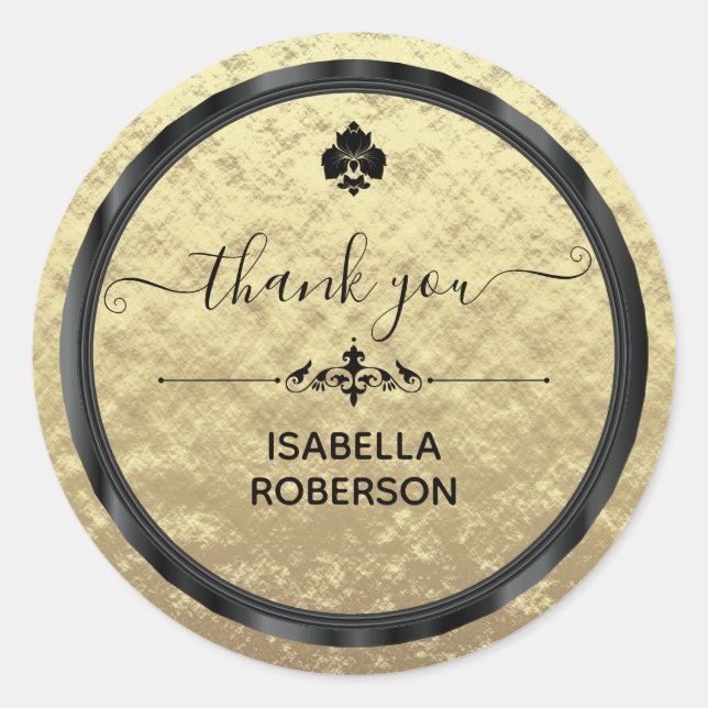 Adesivo Redondo Obrigado Foil Ouro Faux e Rótulos Pretos (Frente)